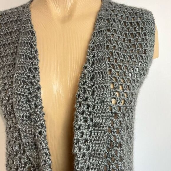 Vintage Crochet Hand Made Knit Sleeveless Vest Grey One size Kitsch Long Duster - Picture 5 of 12